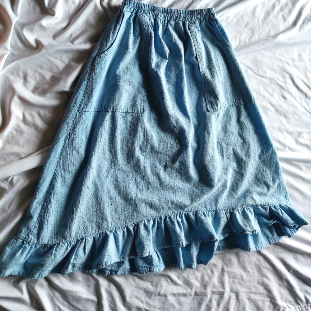 HANDMADE cotton blue midi skirt with pockets size xsmall women